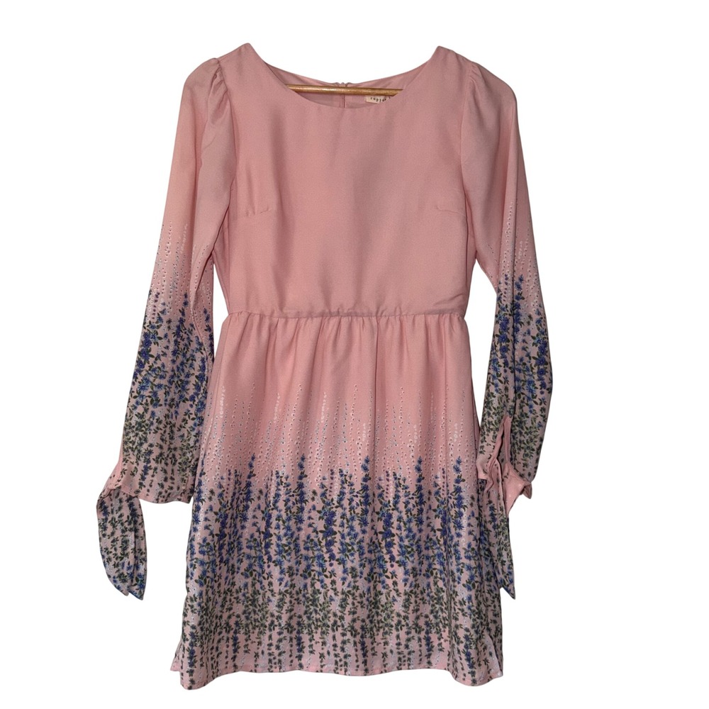 Copper Key Pink Floral Border Print Long Sleeve Mini Dress Tie Cuff NWT
